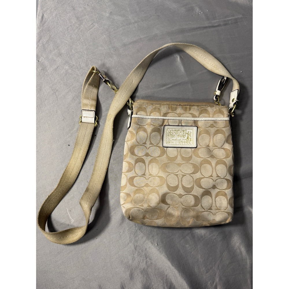 Coach Signature Jacquard Crossbody Bag Tan Beige Gold Hardware Small Messenger
